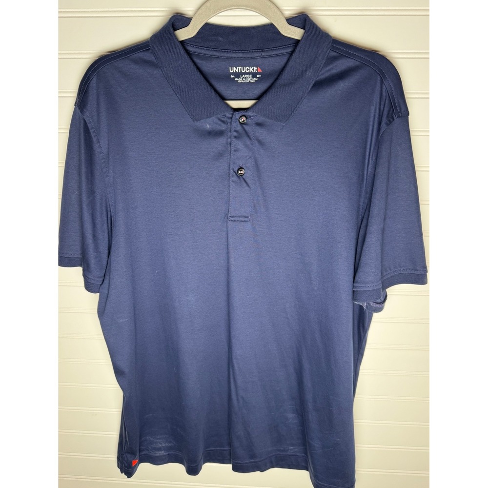 UNTUCKit Polo Shirt Navy Blue Cotton‎ Regular Fit Short Sleeve, Mens Large